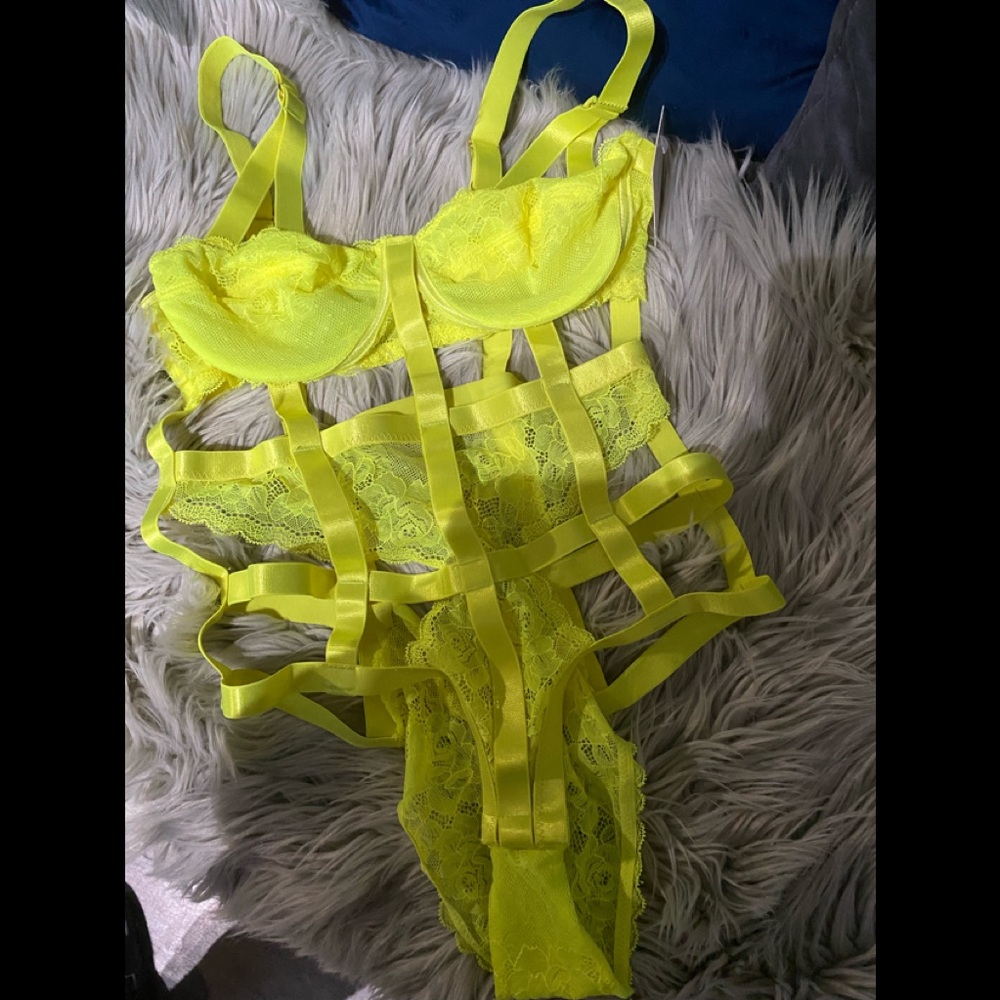 Neon Yellow Caged Bandaged/Lace one piece Lingerie MED size